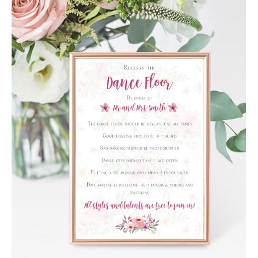 Personalised A4 Wedding Sign - Dance Floor Rules - Pretty Floral Design