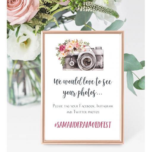 Personalised A4 Wedding Sign - Photos Hashtag - Marsala